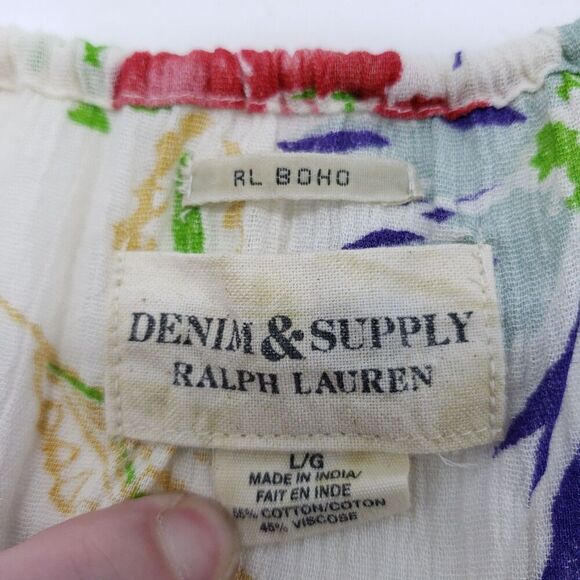 Ralph Lauren Denim & Supply Blouse Womens Large Boho Floral Tassel Peasant Top - Picture 9 of 10